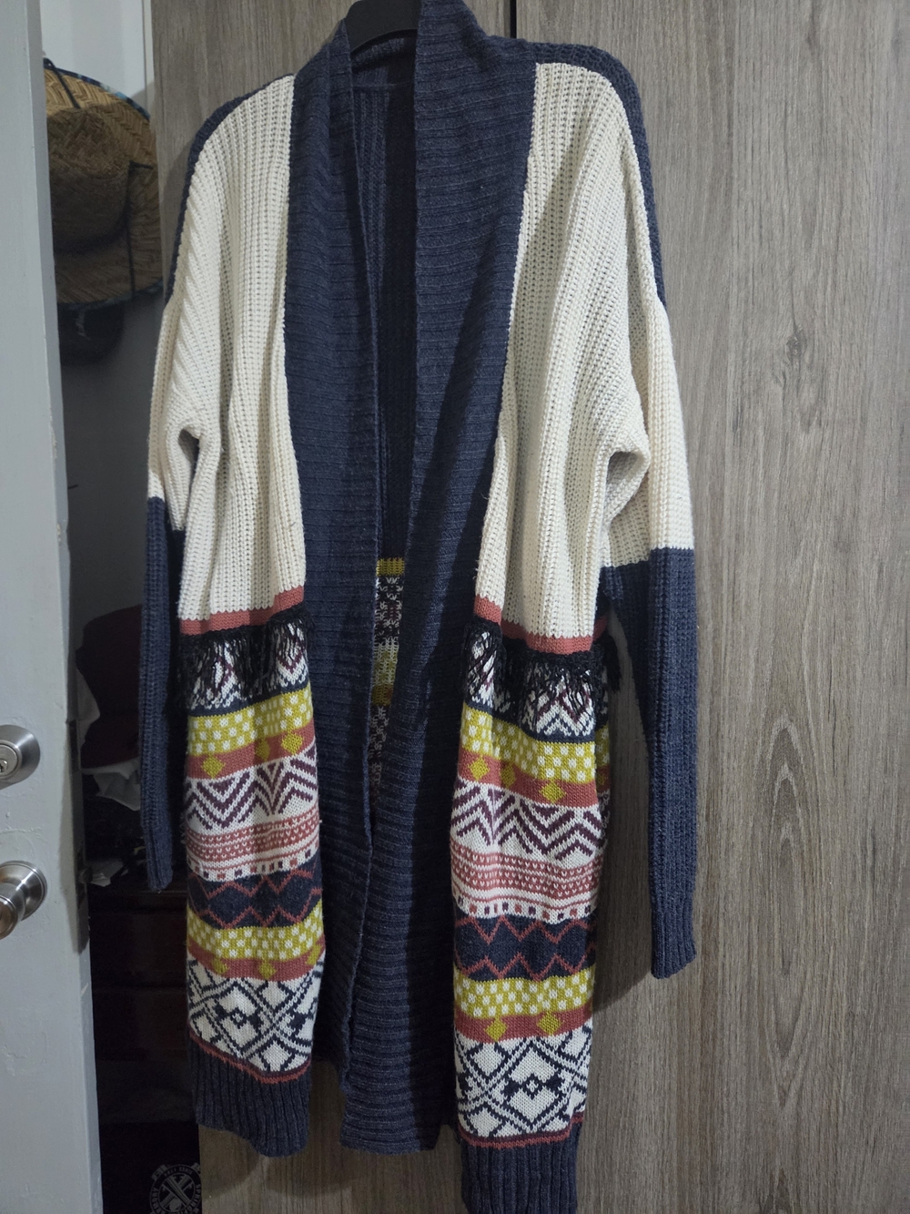 Western boho AUW Navy and Cream Open-Front Cardigan with Mustard and Rust